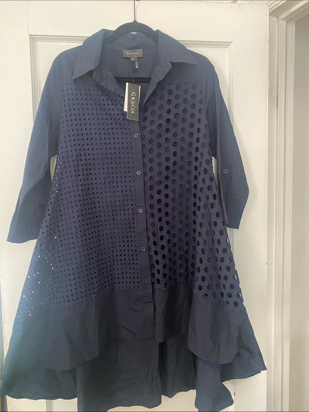 Gracia Navy Laser-Cut Button Front Tunic